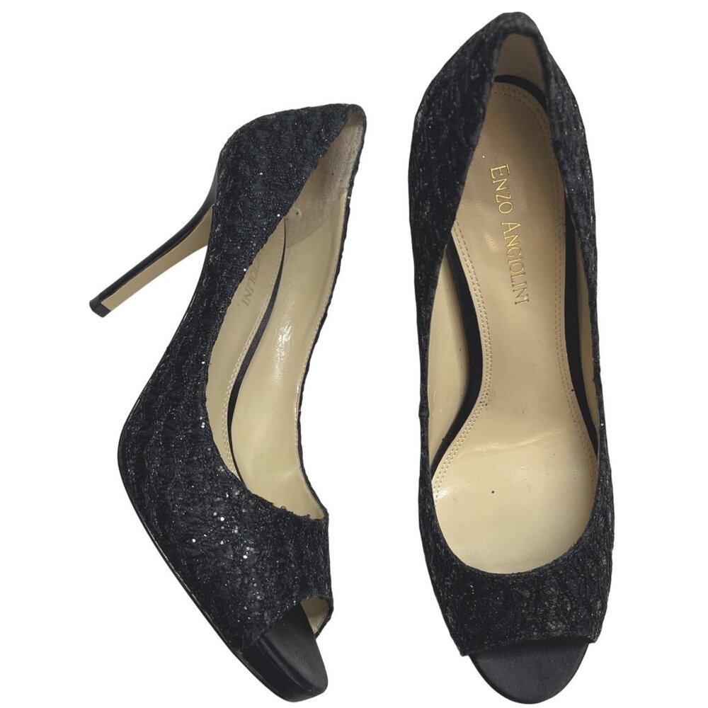 Enzo Angiolini EAMAIVEN Black Glitter Stiletto Open Toe Pump Sz 8 M High Heel